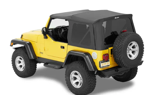 54720-15 – BESTOP Soft Top, Black Denim Fabric Without Doors With Tinted Vinyl Side and Rear Windows With Sunroof Inc...